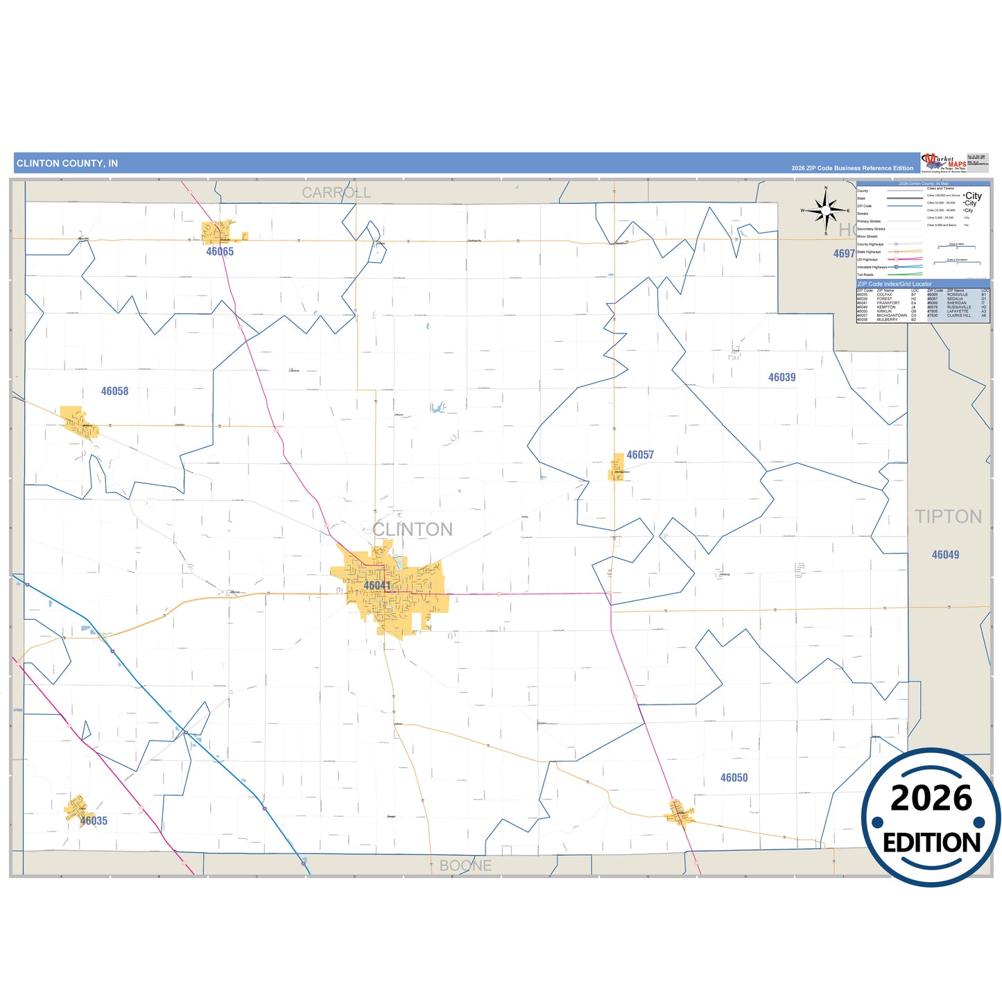 Clinton County, IN Business Reference 5 Digit ZIP Code Wall Map
