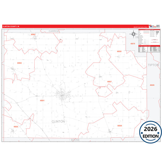 Clinton County, IN Red Line 5 Digit ZIP Code Wall Map