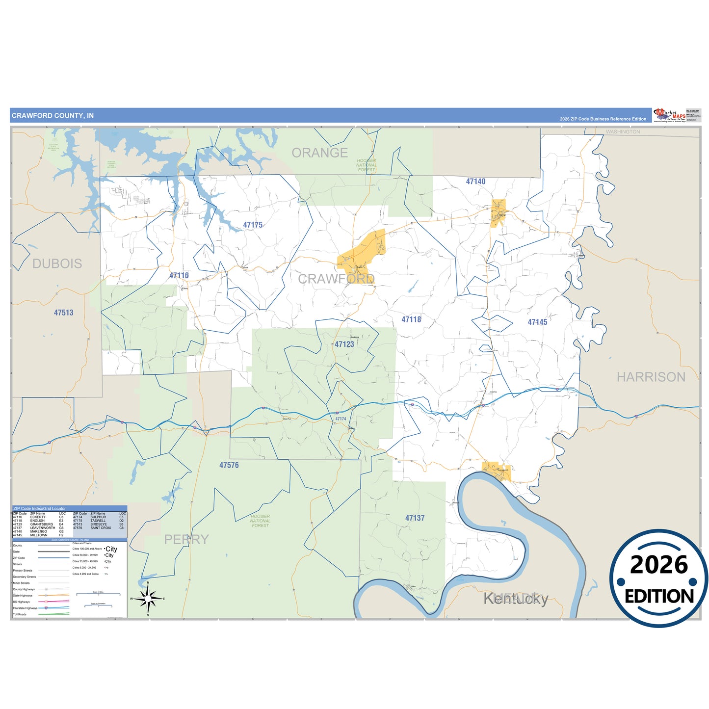 Crawford County, IN Business Reference 5 Digit ZIP Code Wall Map