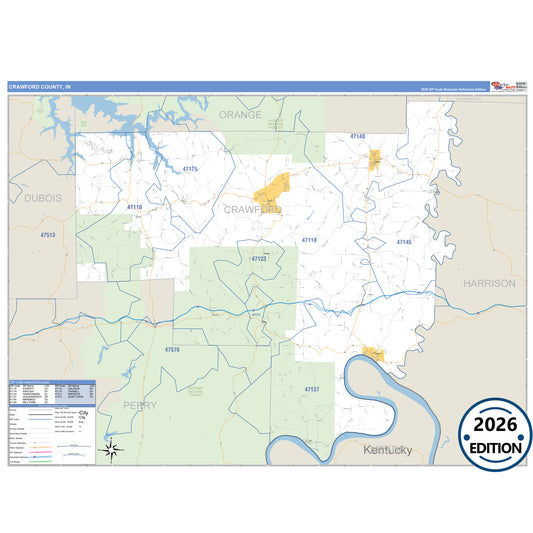 Crawford County, IN Business Reference 5 Digit ZIP Code Wall Map
