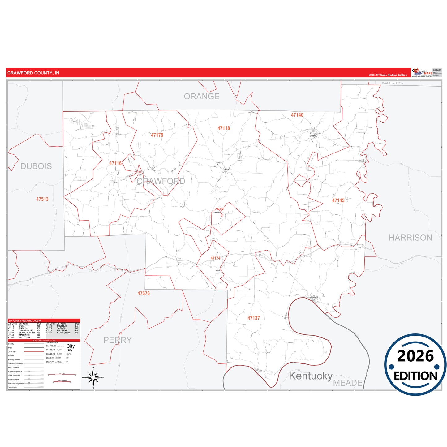 Crawford County, IN Red Line 5 Digit ZIP Code Wall Map