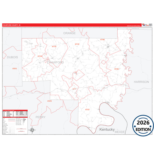 Crawford County, IN Red Line 5 Digit ZIP Code Wall Map