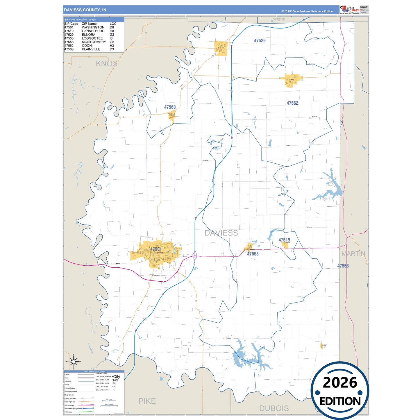 Daviess County, IN Business Reference 5 Digit ZIP Code Wall Map