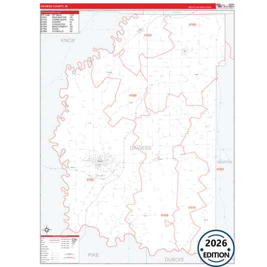 Daviess County, IN Red Line 5 Digit ZIP Code Wall Map