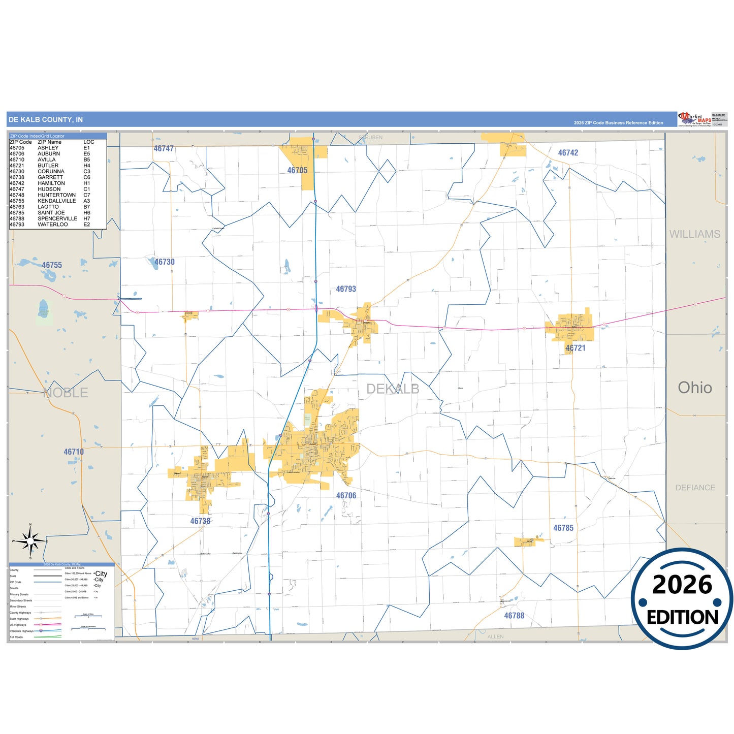 DeKalb County, IN Business Reference 5 Digit ZIP Code Wall Map