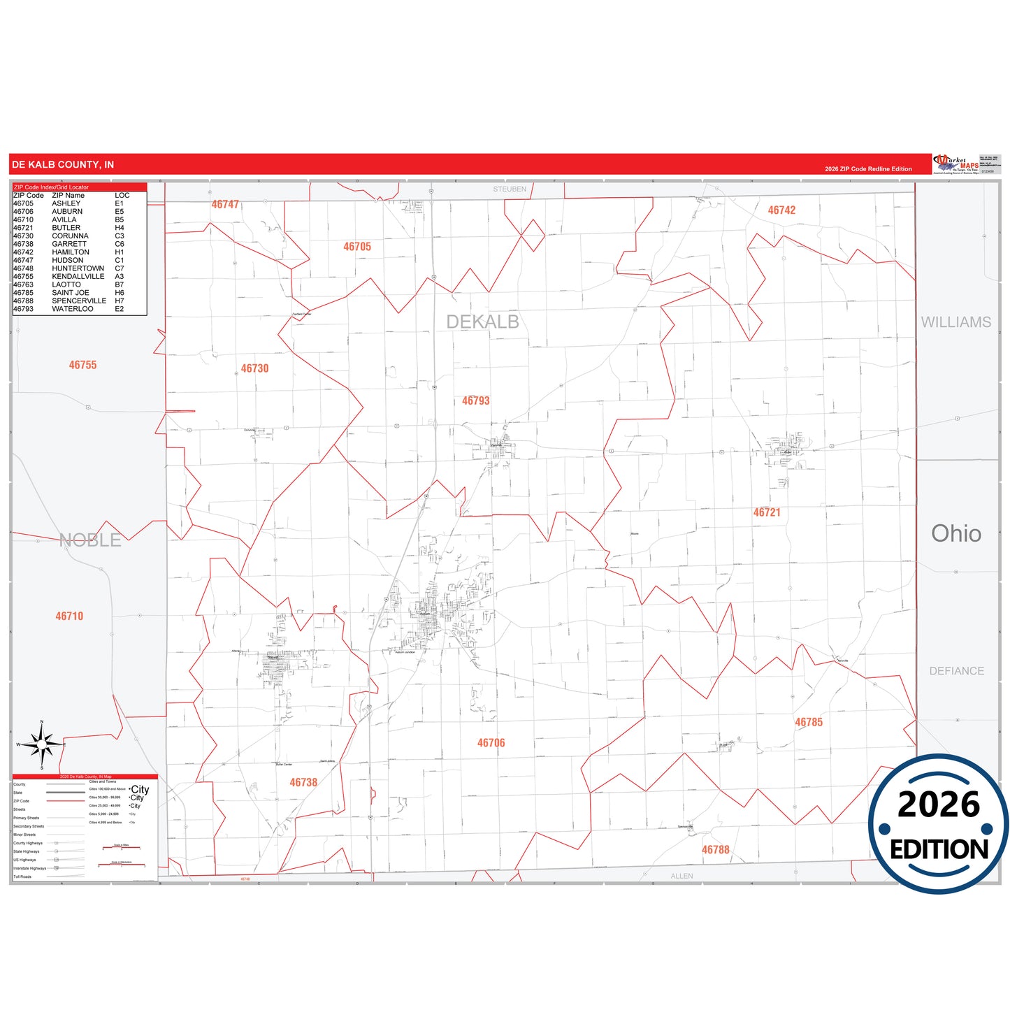DeKalb County, IN Red Line 5 Digit ZIP Code Wall Map