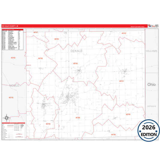 DeKalb County, IN Red Line 5 Digit ZIP Code Wall Map