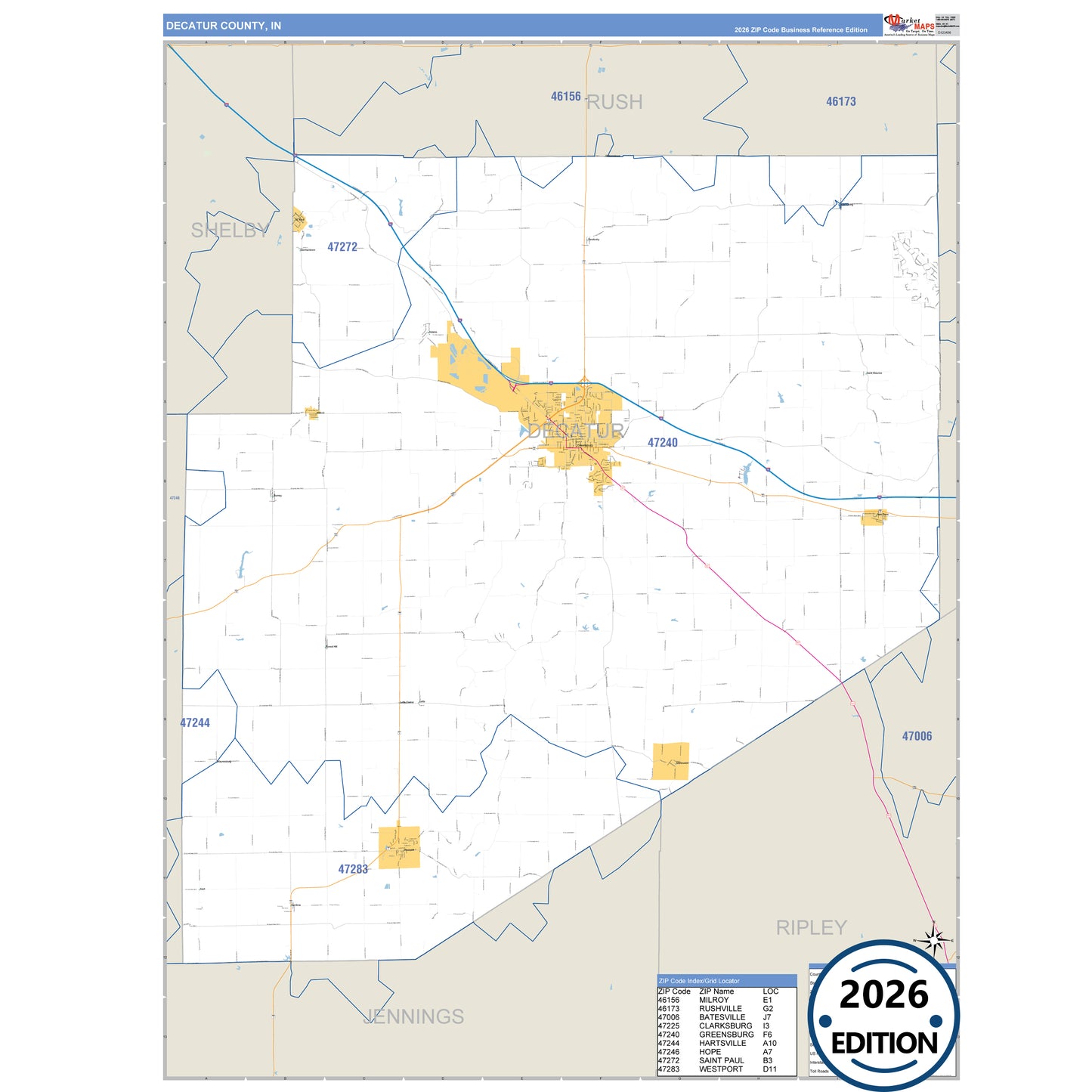 Decatur County, IN Business Reference 5 Digit ZIP Code Wall Map