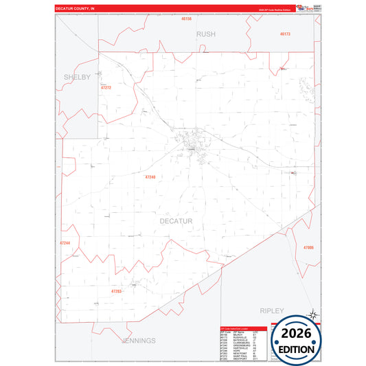 Decatur County, IN Red Line 5 Digit ZIP Code Wall Map