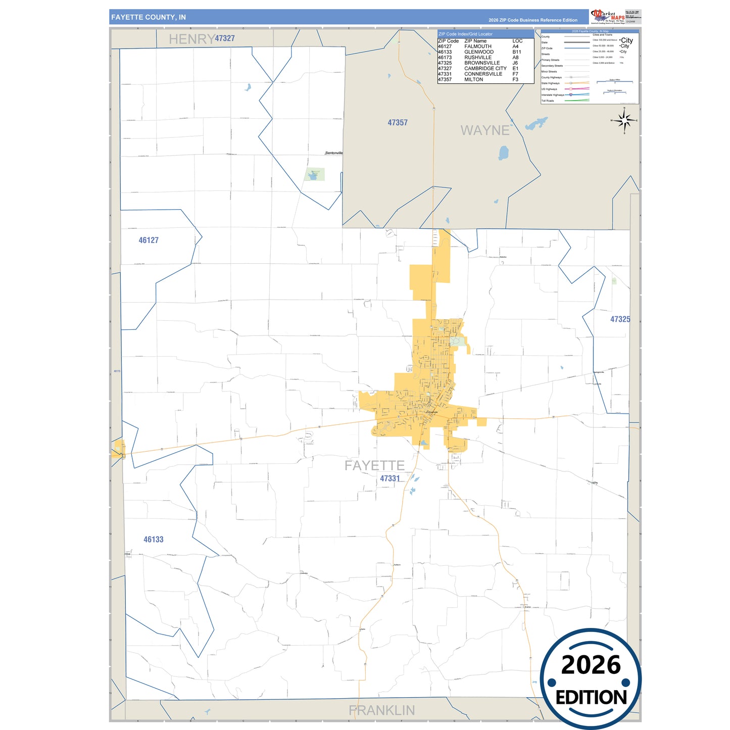 Fayette County, IN Business Reference 5 Digit ZIP Code Wall Map
