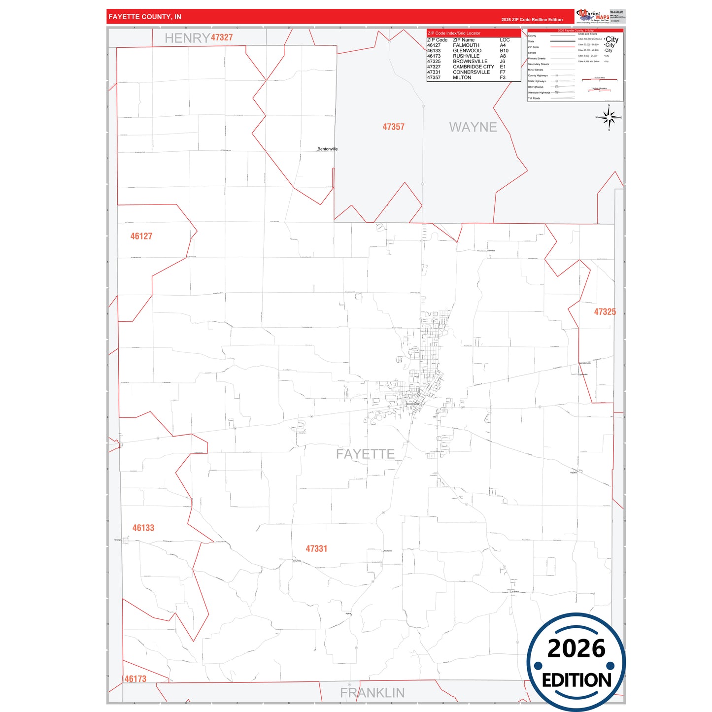 Fayette County, IN Red Line 5 Digit ZIP Code Wall Map