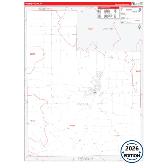 Fayette County, IN Red Line 5 Digit ZIP Code Wall Map