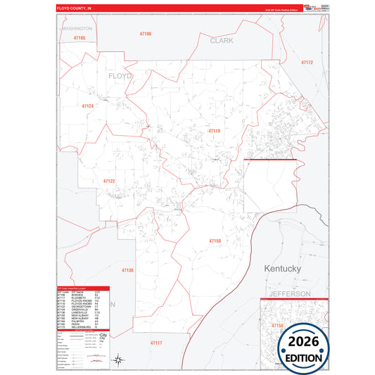 Floyd County, IN Red Line 5 Digit ZIP Code Wall Map