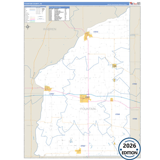 Fountain County, IN Business Reference 5 Digit ZIP Code Wall Map
