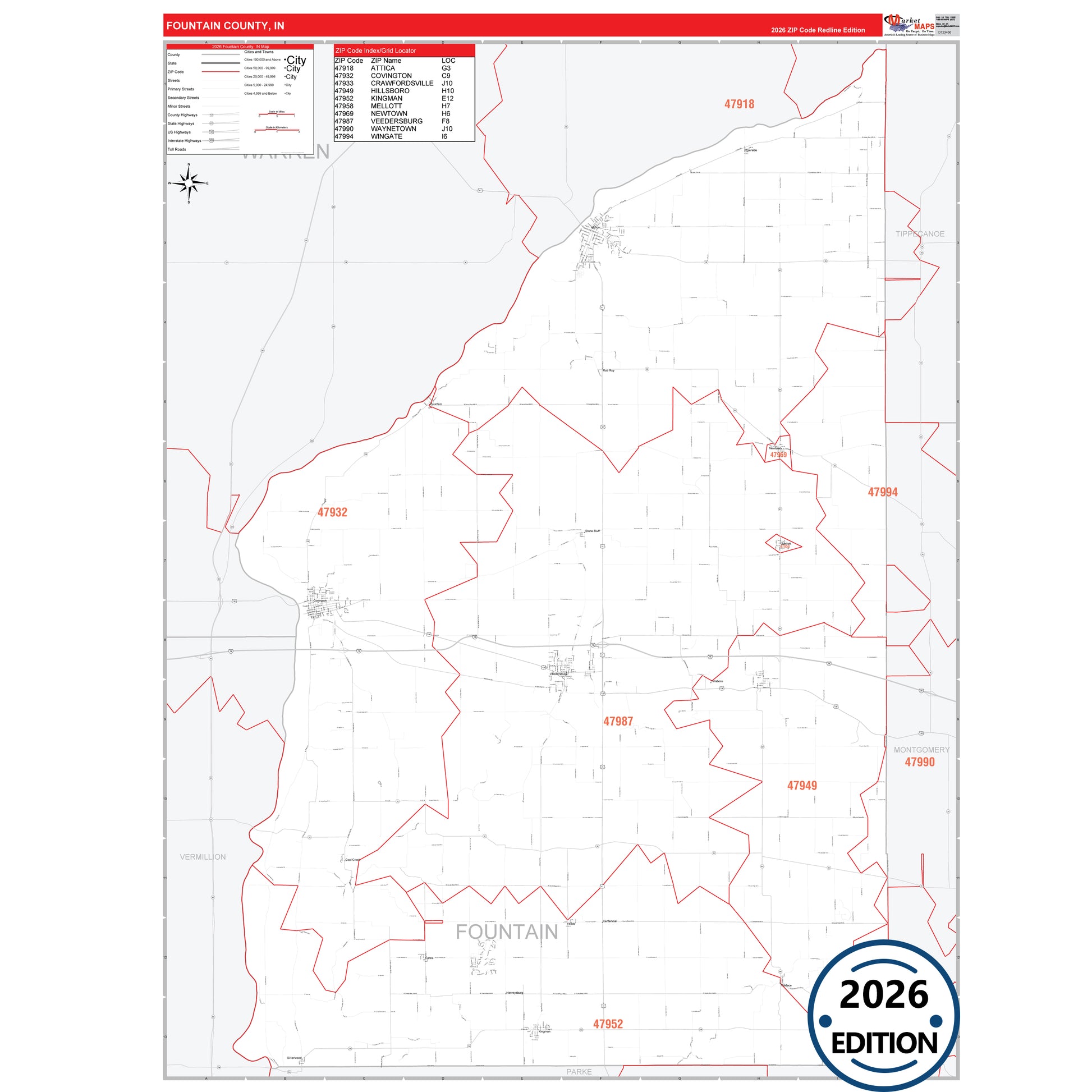 Fountain County, IN Red Line map with detailed roads, cities, and ZIP code boundaries.