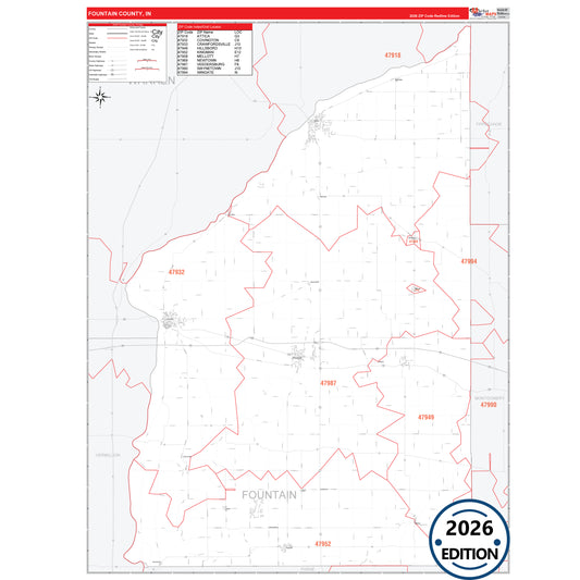 Fountain County, IN Red Line 5 Digit ZIP Code Wall Map