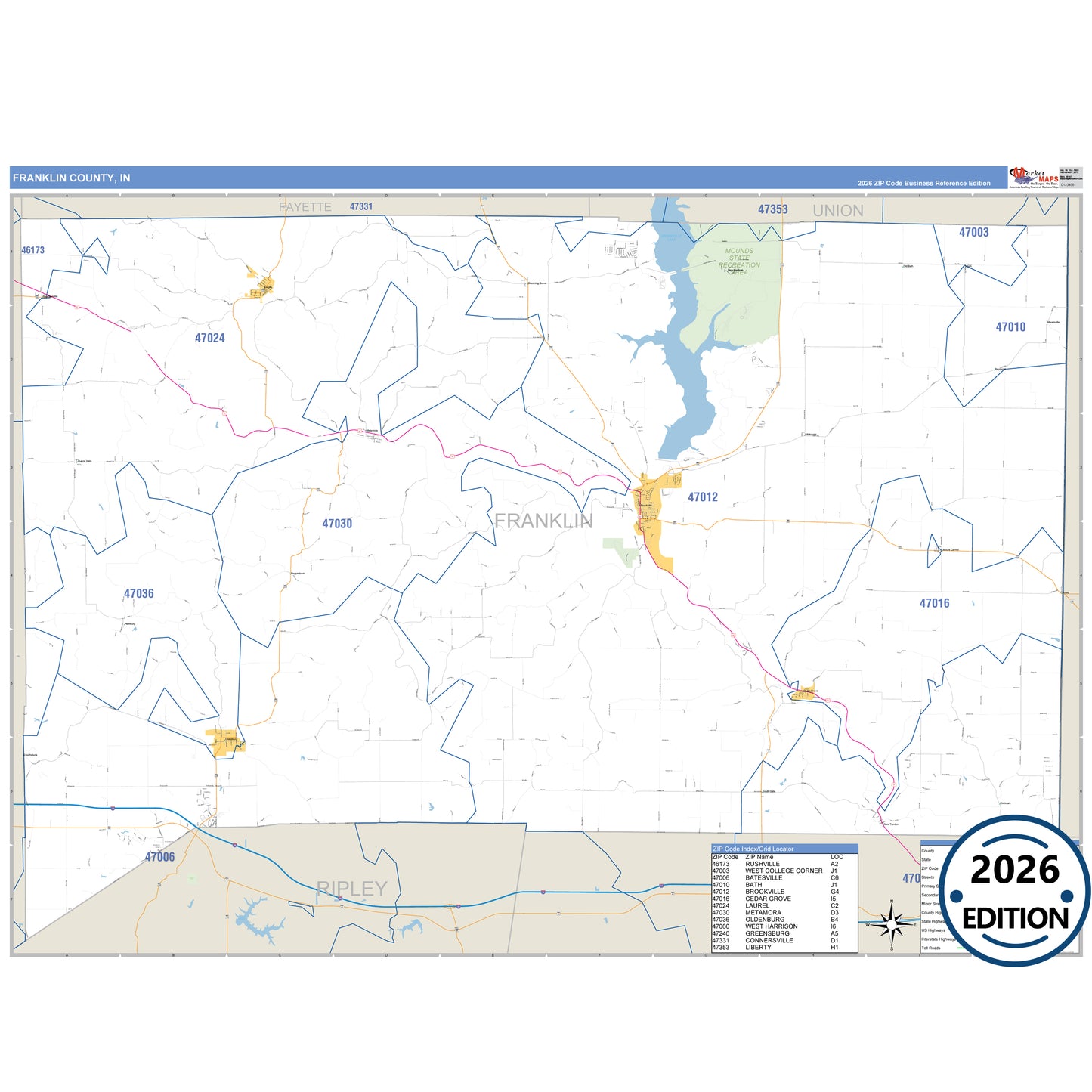 Franklin County, IN Business Reference 5 Digit ZIP Code Wall Map