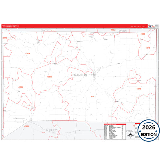 Franklin County, IN Red Line 5 Digit ZIP Code Wall Map