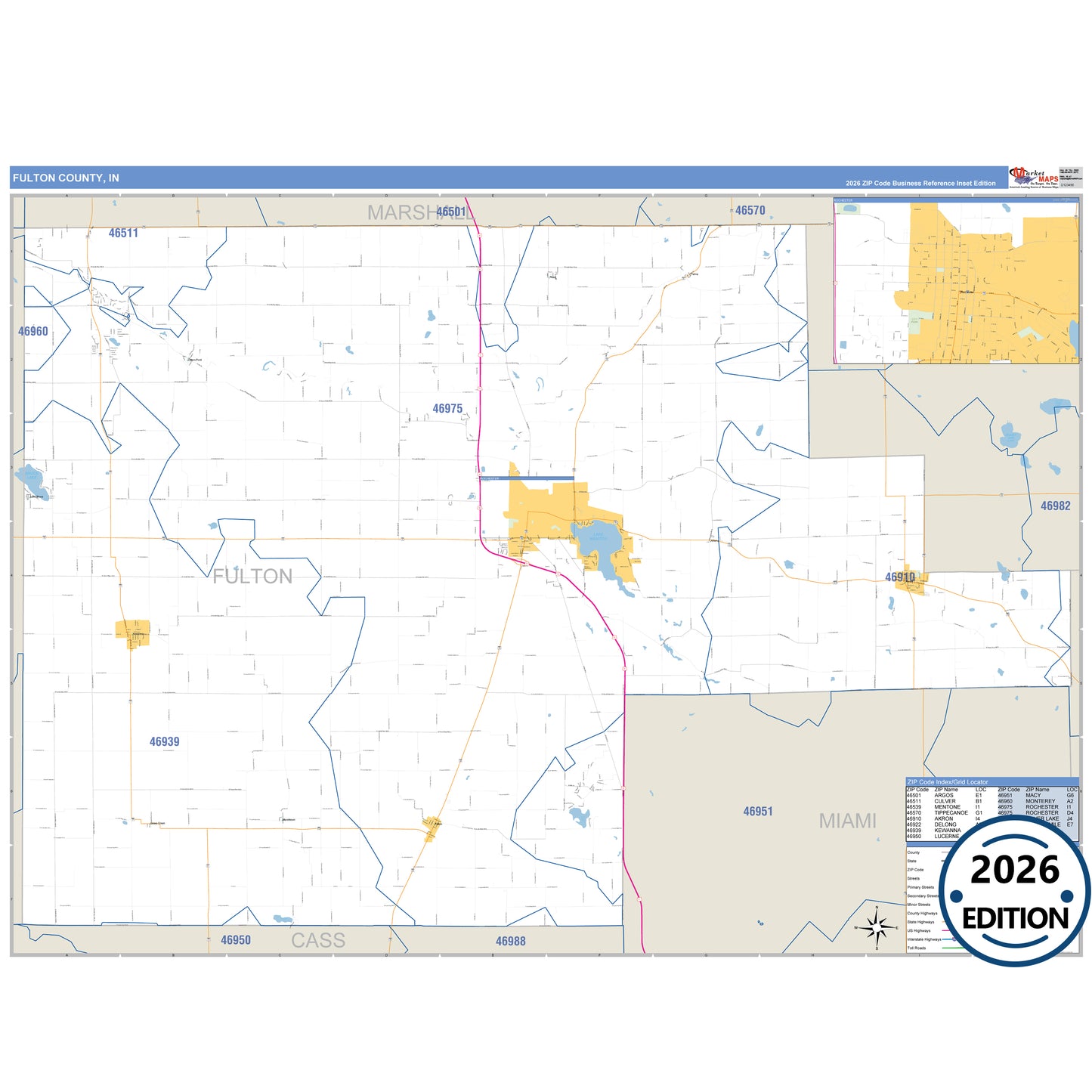 Fulton County, IN Business Reference 5 Digit ZIP Code Wall Map