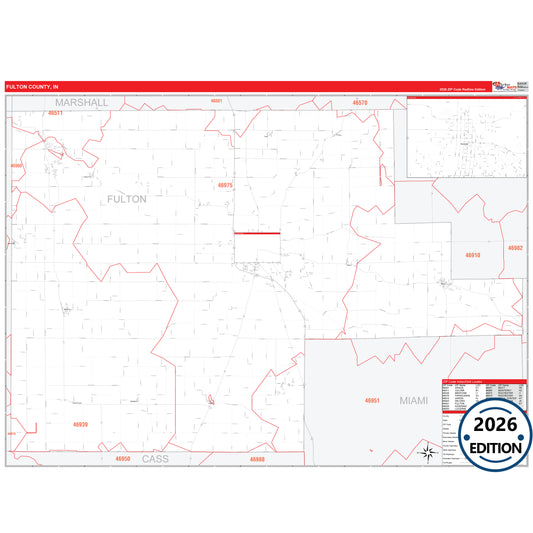 Fulton County, IN Red Line 5 Digit ZIP Code Wall Map
