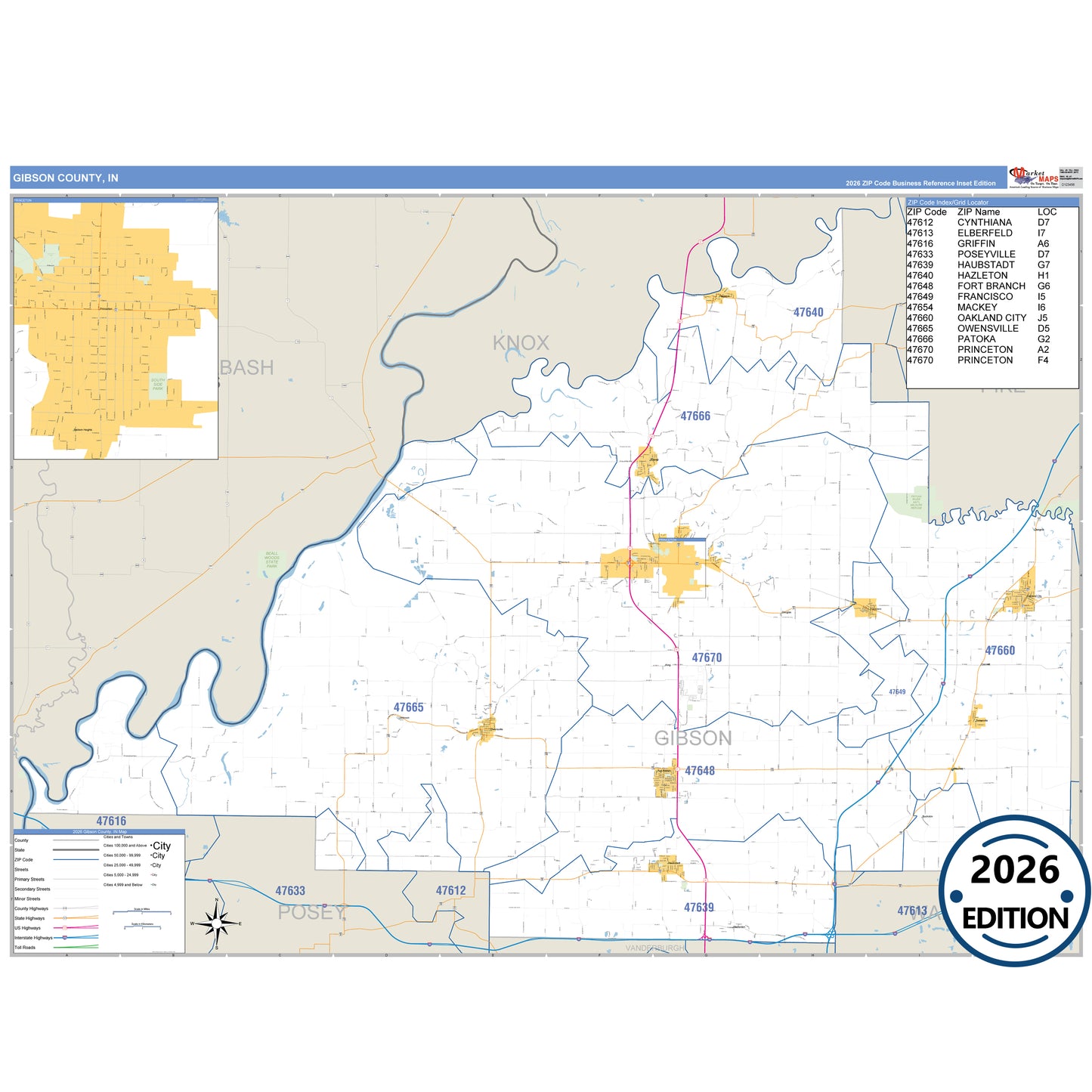 Gibson County, IN Business Reference 5 Digit ZIP Code Wall Map