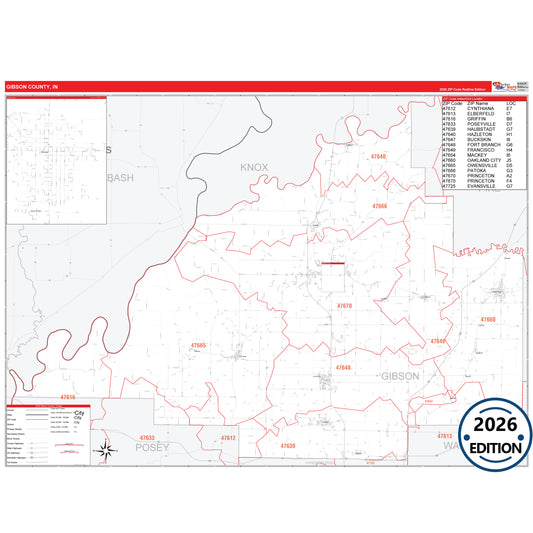 Gibson County, IN Red Line 5 Digit ZIP Code Wall Map