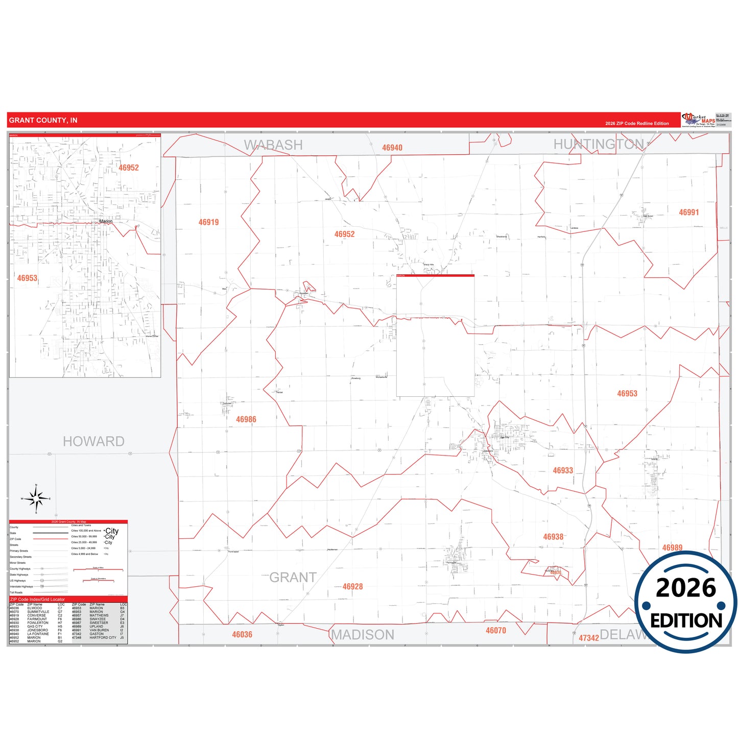 Grant County, IN Red Line 5 Digit ZIP Code Wall Map