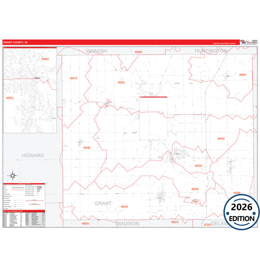 Grant County, IN Red Line 5 Digit ZIP Code Wall Map