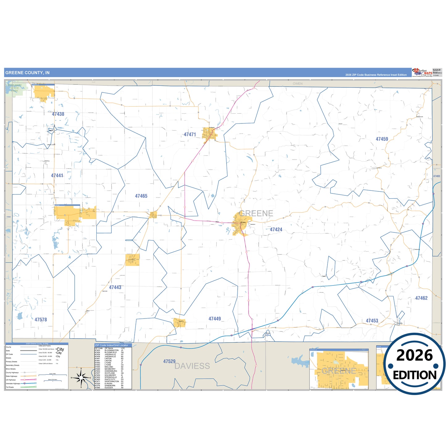 Greene County, IN Business Reference 5 Digit ZIP Code Wall Map