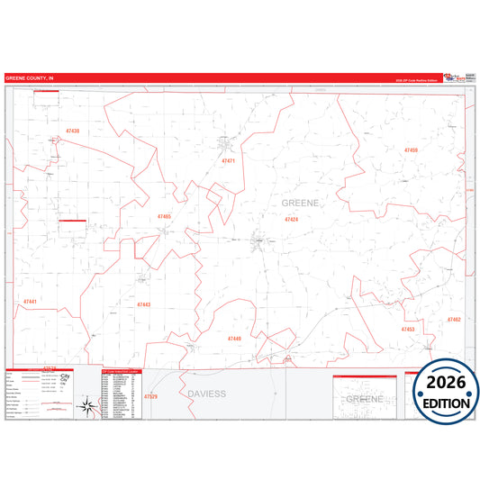 Greene County, IN Red Line 5 Digit ZIP Code Wall Map