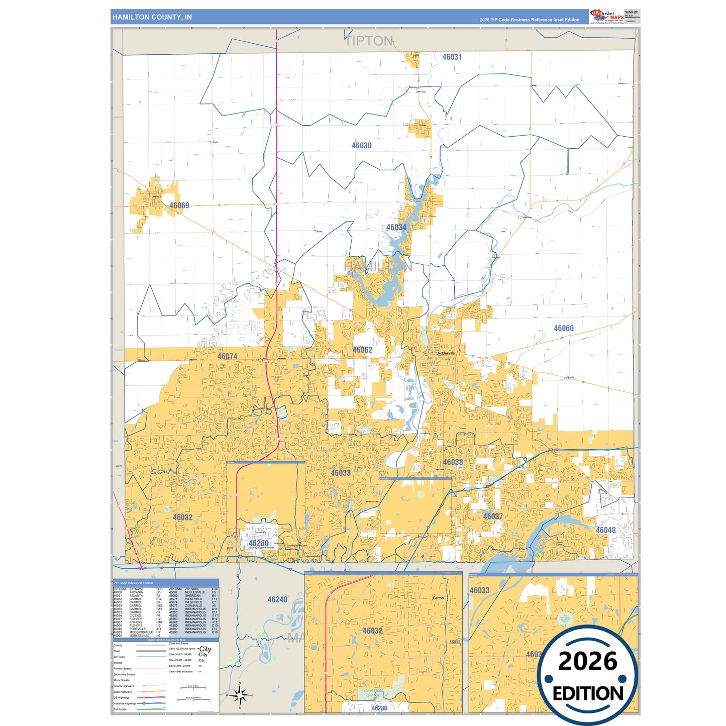 Hamilton County, IN Business Reference 5 Digit ZIP Code Wall Map