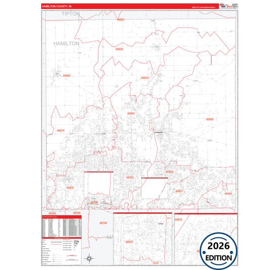 Hamilton County, IN Red Line 5 Digit ZIP Code Wall Map