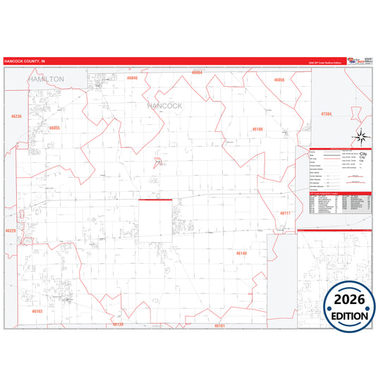 Hancock County, IN Red Line 5 Digit ZIP Code Wall Map
