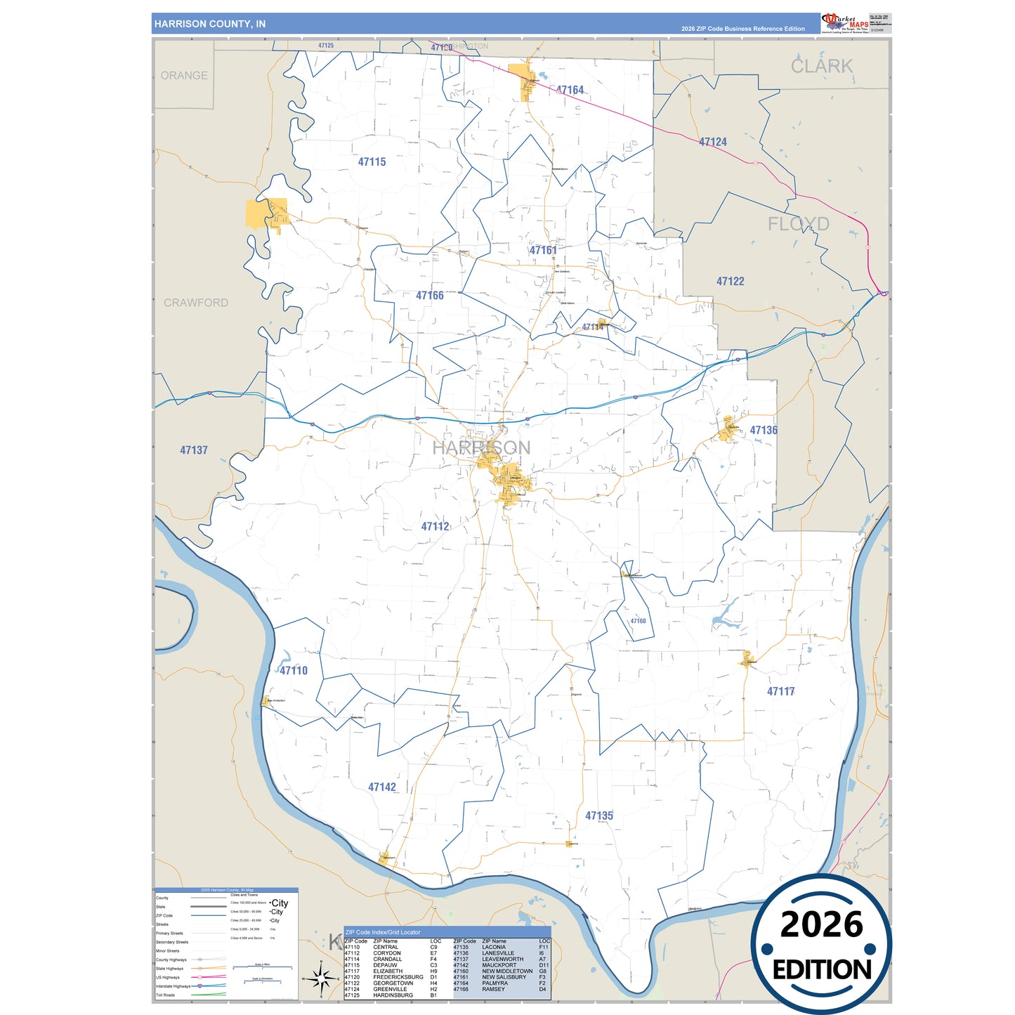 Harrison County, IN Business Reference 5 Digit ZIP Code Wall Map
