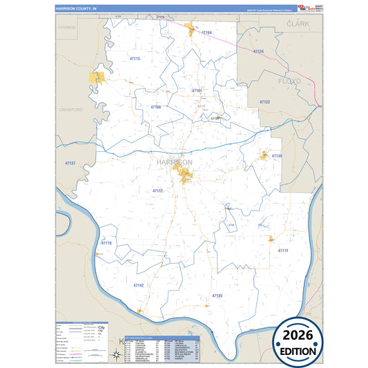 Harrison County, IN Business Reference 5 Digit ZIP Code Wall Map