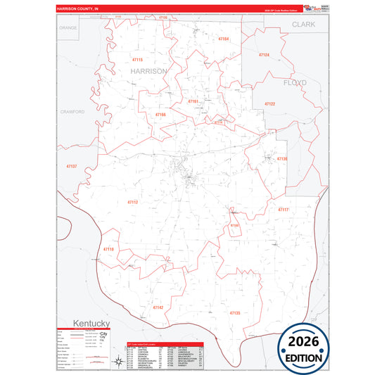 Harrison County, IN Red Line 5 Digit ZIP Code Wall Map
