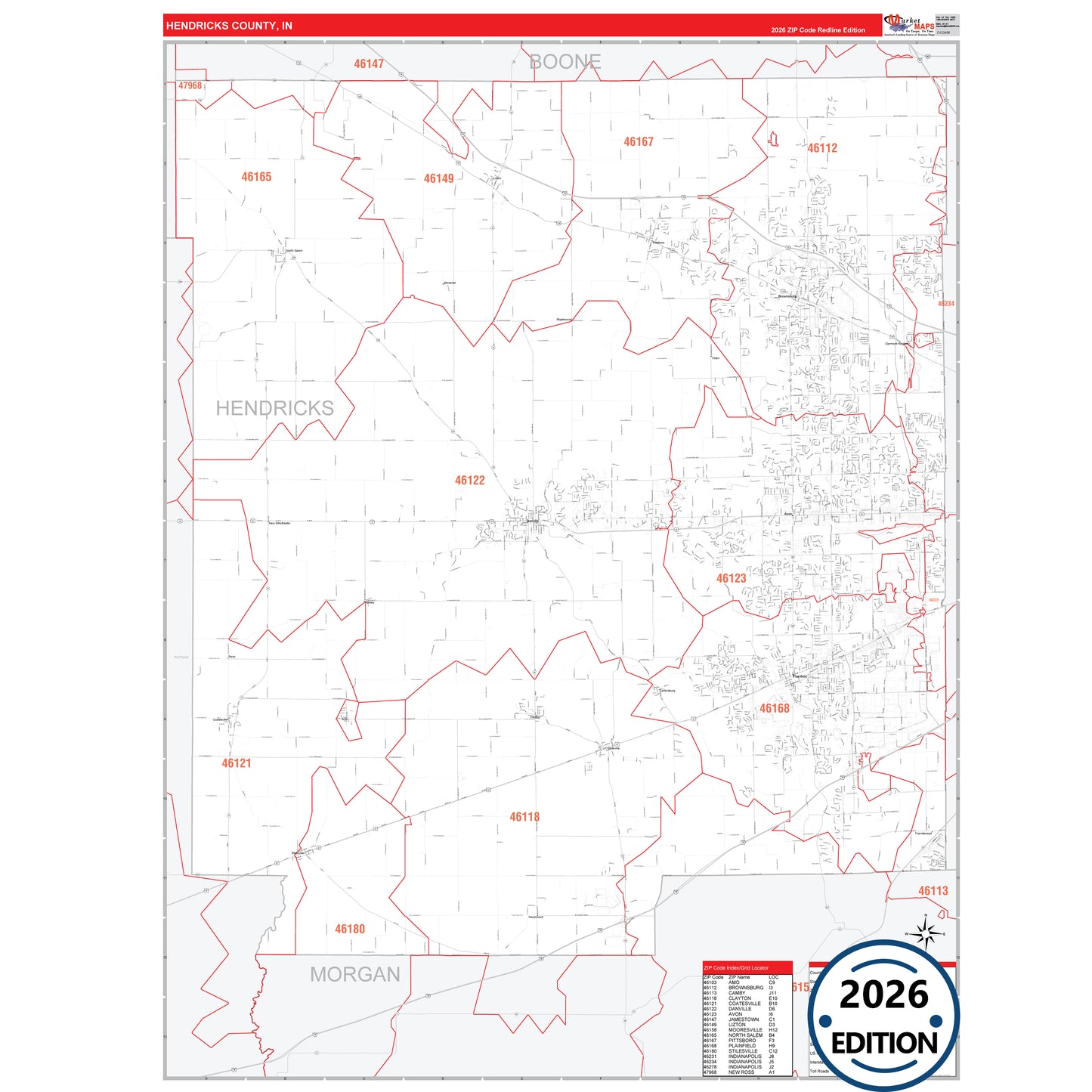 Hendricks County, IN Red Line 5 Digit ZIP Code Wall Map