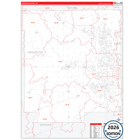 Hendricks County, IN Red Line 5 Digit ZIP Code Wall Map