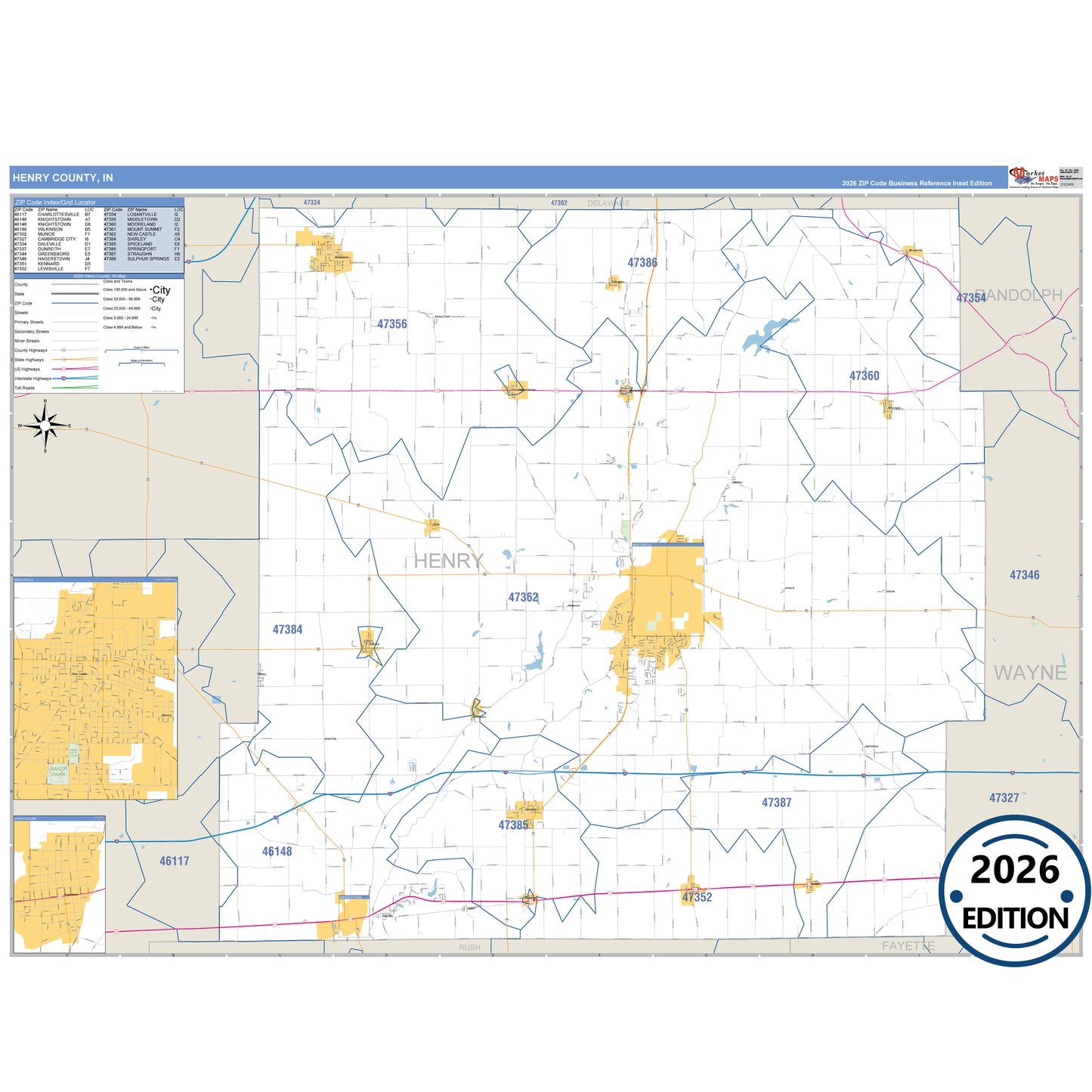 Henry County, IN Business Reference 5 Digit ZIP Code Wall Map