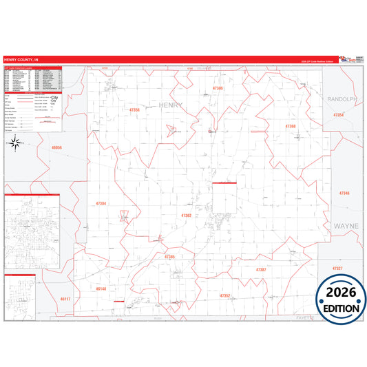 Henry County, IN Red Line 5 Digit ZIP Code Wall Map