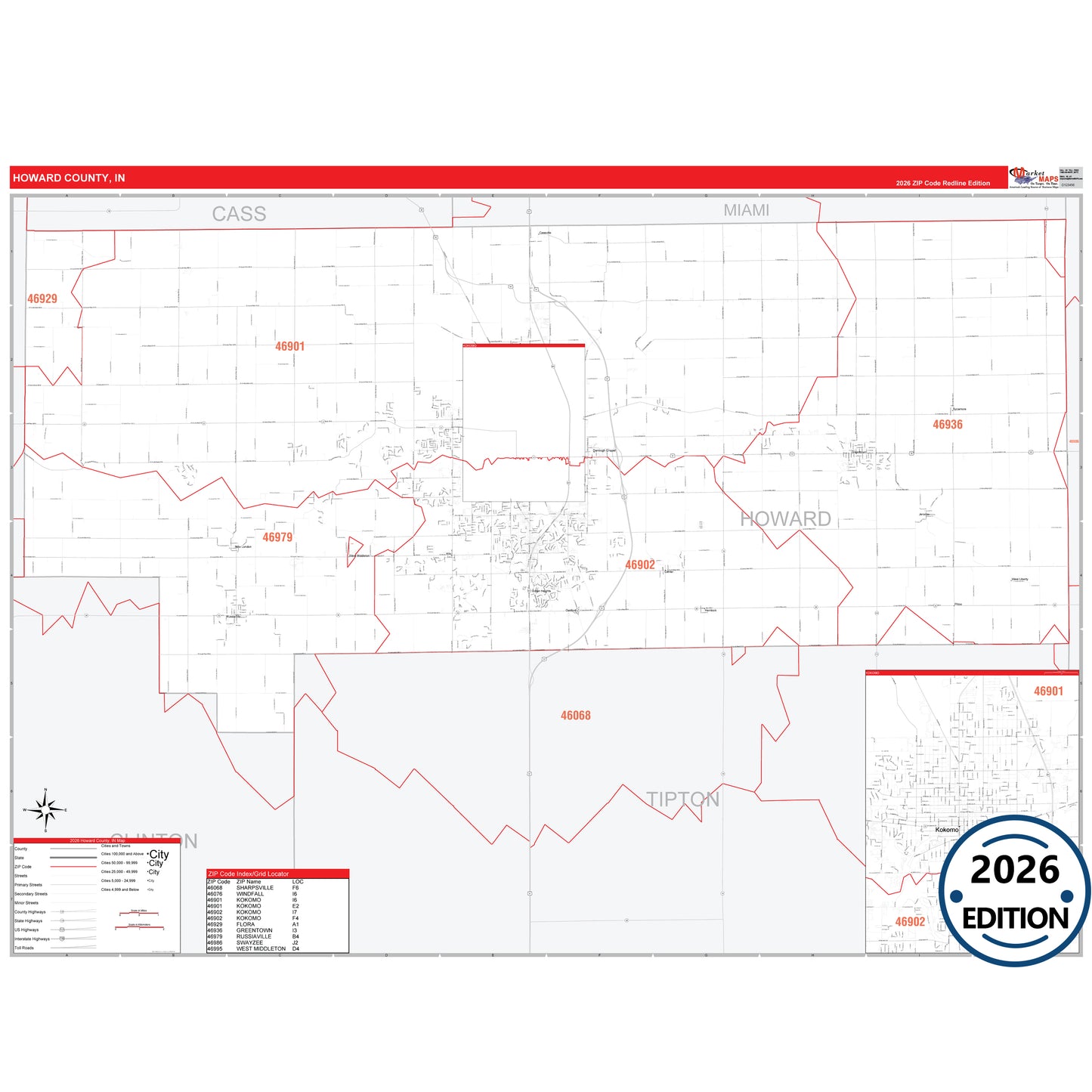 Howard County, IN Red Line 5 Digit ZIP Code Wall Map