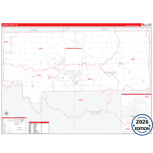 Howard County, IN Red Line 5 Digit ZIP Code Wall Map