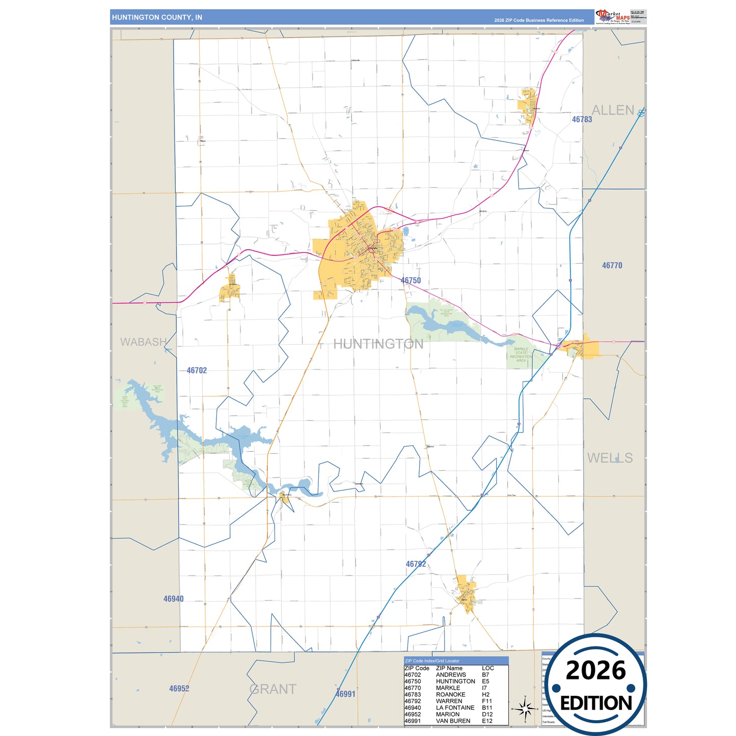 Huntington County, IN Business Reference 5 Digit ZIP Code Wall Map