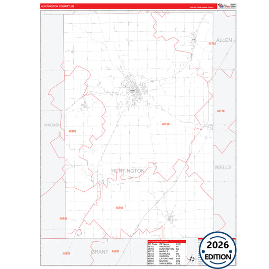 Huntington County, IN Red Line 5 Digit ZIP Code Wall Map
