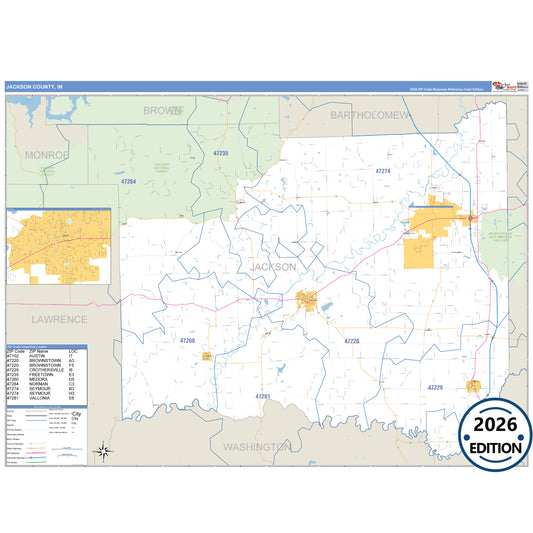 Jackson County, IN Business Reference 5 Digit ZIP Code Wall Map