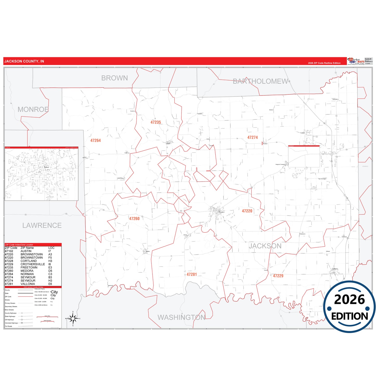Jackson County, IN Red Line 5 Digit ZIP Code Wall Map