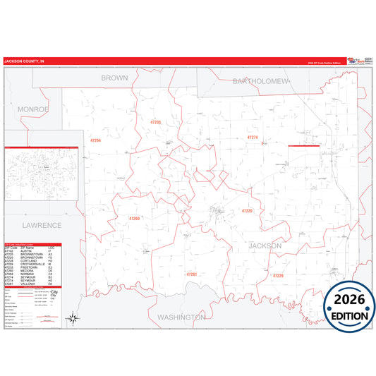Jackson County, IN Red Line 5 Digit ZIP Code Wall Map