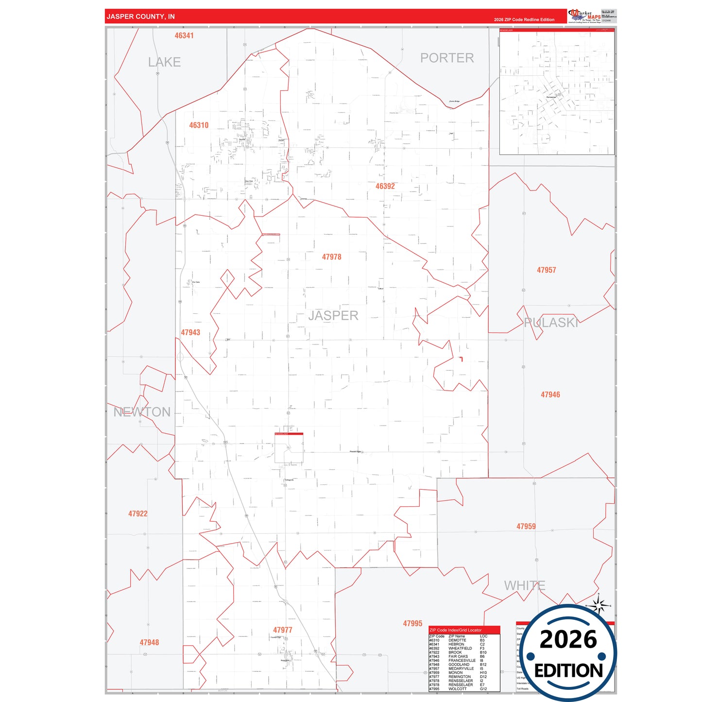Jasper County, IN Red Line 5 Digit ZIP Code Wall Map