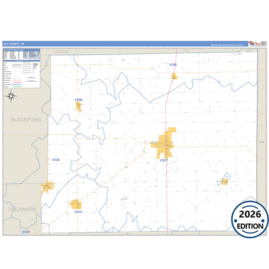 Jay County, IN Business Reference 5 Digit ZIP Code Wall Map