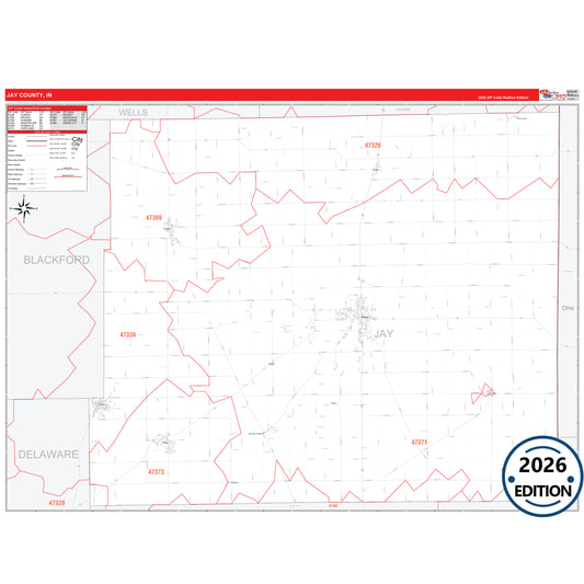 Jay County, IN Red Line 5 Digit ZIP Code Wall Map